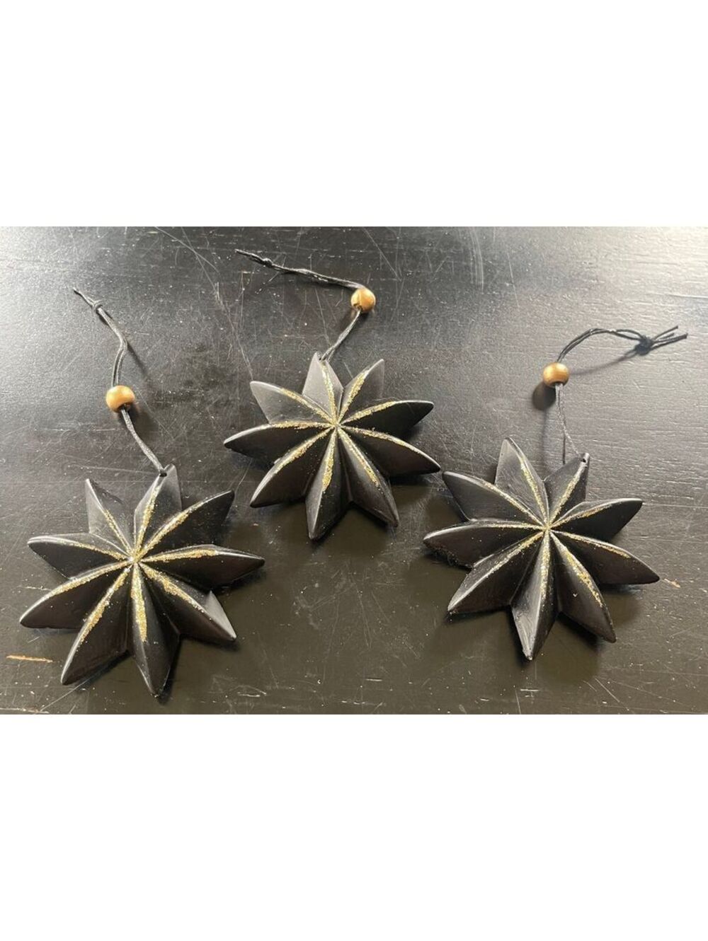 Set of 3 Black Star-Shape Hanging Ornaments with Gold Detailing